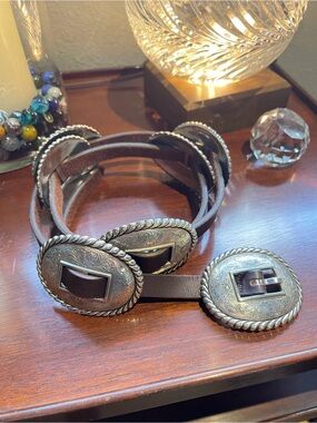 Brighton Brown Leather Concho Belt with Silver-Tone Engraved Ovals